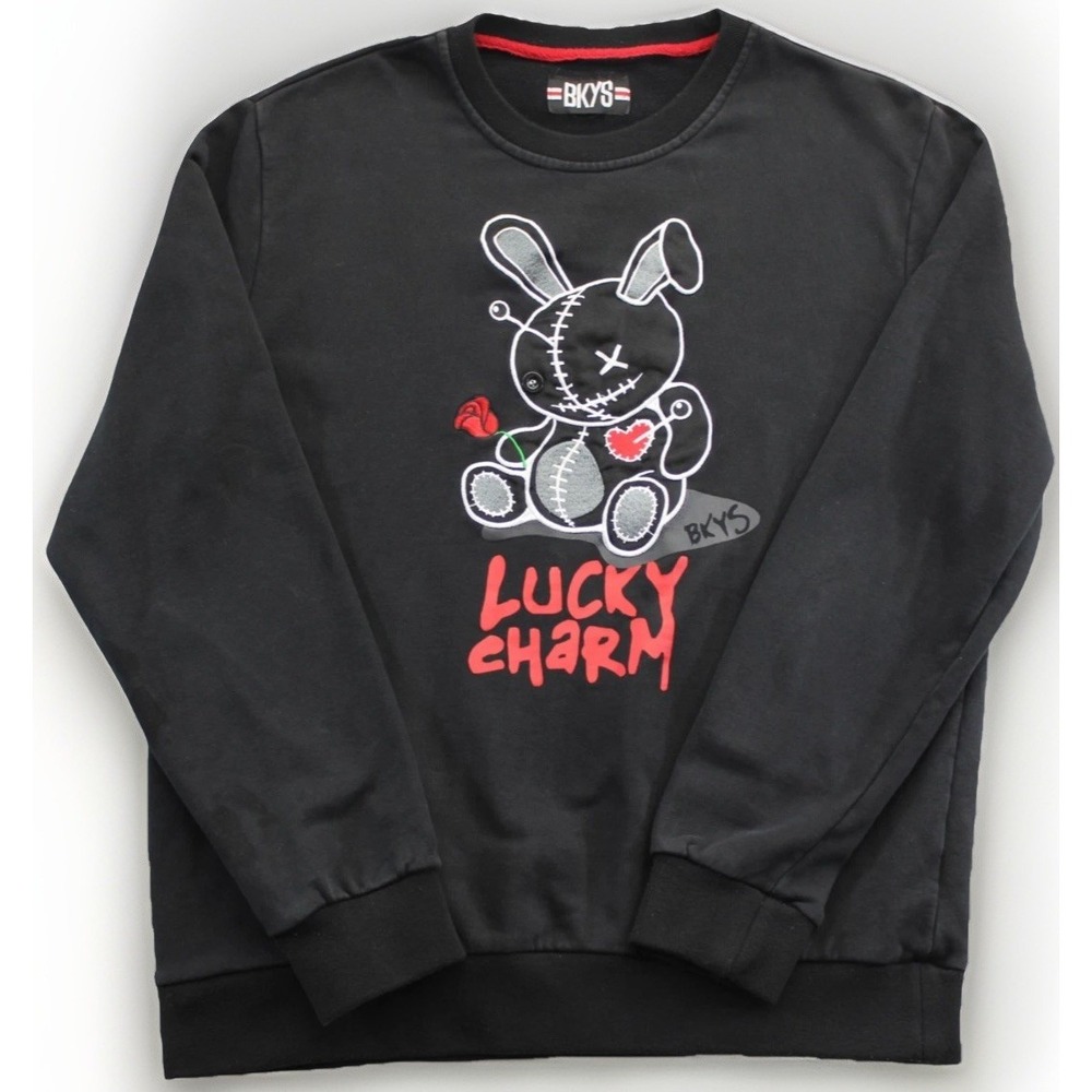 BKYS Lucky Charm Crewneck Sweatshirt Men's Large Black Graphic Embroidered Distr
